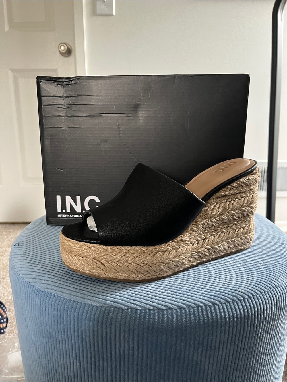 INC International Concepts Black Espadrille Platform Wedge Slide
